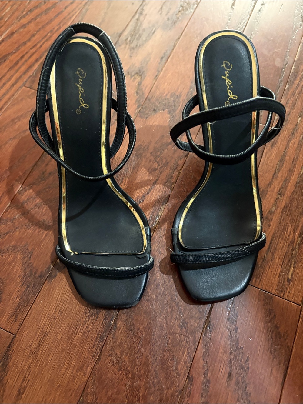 Qupid Black Strappy Open-Toe Heeled Sandals with Gold Trim